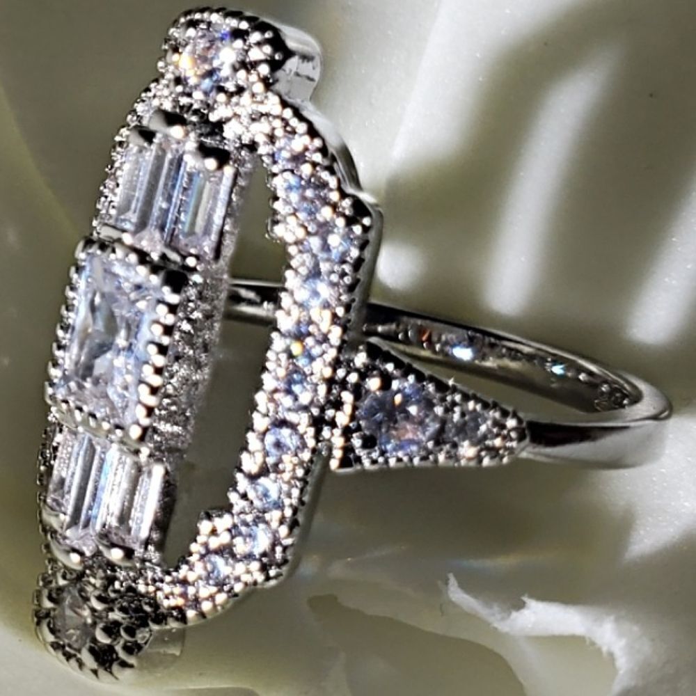 Clear White Zircon & Clear White Zircon Cocktail Ring 14K on White Gold over 925 - Picture 4 of 7